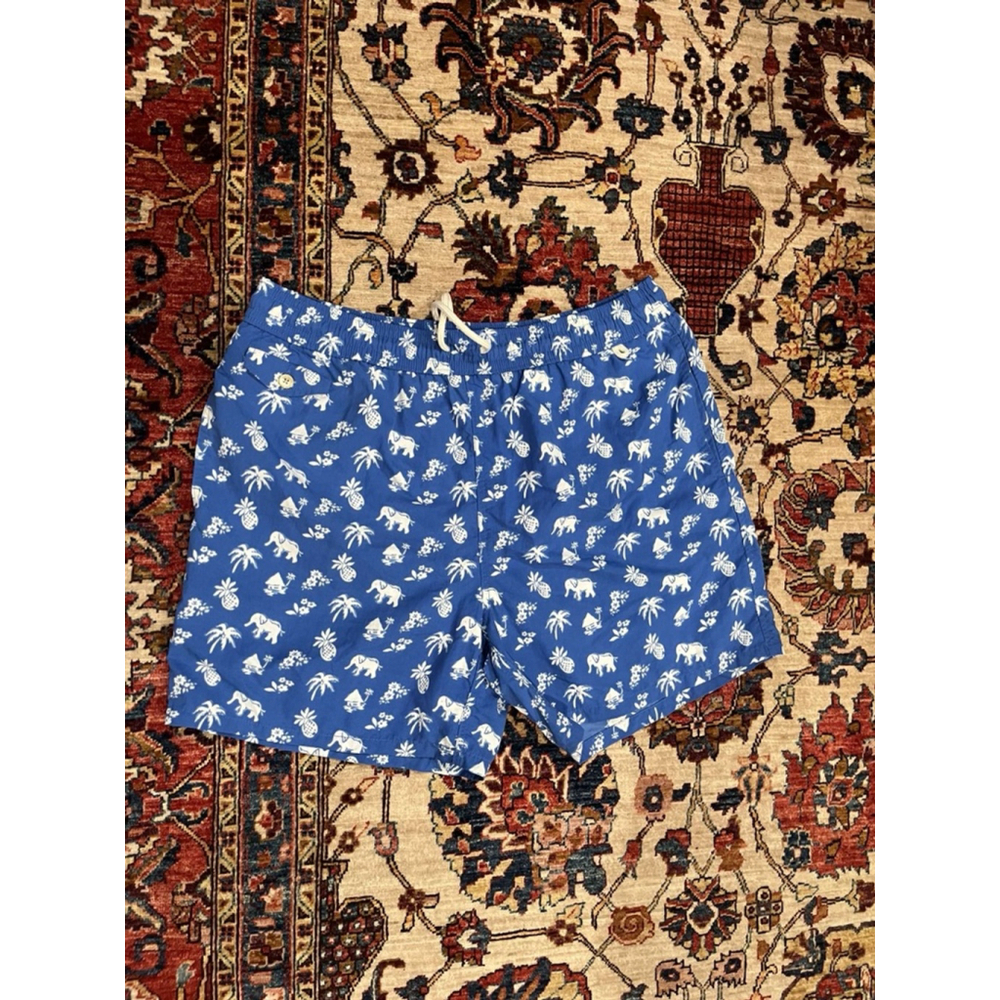 Polo Ralph Lauren Blue and White AOP Elephant and Palm Tree Preppy Swim Trunks